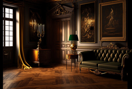 19th century Renaissance inspired stylish room with contemporary, high end furnishings. Walls of a rich, dark tone are embellished with hardwood parquet, stucco, and gilded frames. Generative AI