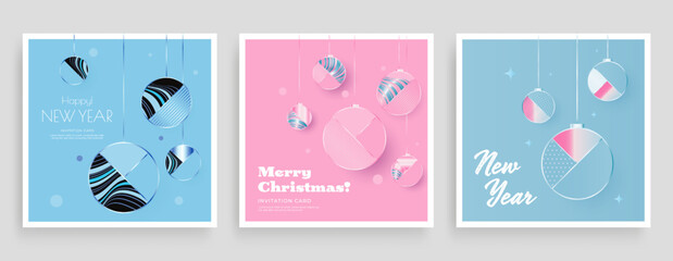 Merry Christmas and Happy New Year greeting card. Geometric compositions with Xmas decoration balls for invite design.