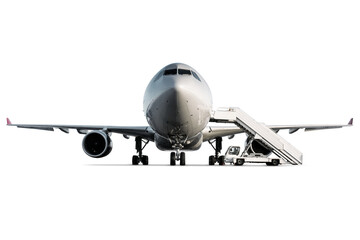 Front view of passenger airplane and boarding steps isolated on transparent background