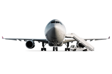 Front view of passenger airplane and boarding steps isolated on transparent background