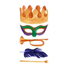 Mardi gras set of watercolor illustrations: masks, crown, drum and trumpet on isolated white background, hand drawn. Perfect for card design, invitation, scrapbooking, fabric printing. © Sviatlana