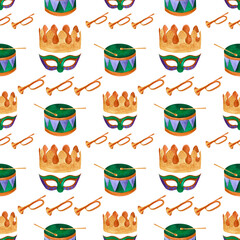 Mardi gras set of watercolor illustrations pattern: masks, crown, drum and trumpet on isolated white background, hand drawn. Perfect for card design, invitation, scrapbooking, fabric printing.