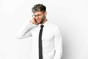 Business caucasian man isolated on white background with neckache