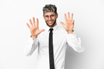 Business caucasian man isolated on white background counting nine with fingers