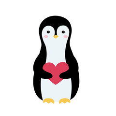 Cute penguin holds love heart. Design element for greeting card, invitation, poster, banner, print