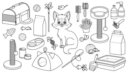 Set of outline cat goods. Products and accessories for pet shop. Food, toys, beds and other supplies for domestic animals. Coloring page for kids. Vector isolated illustrations in cartoon style.
