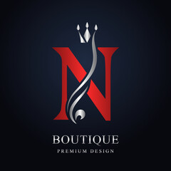 Red Capital lette N with Silver Crown. Graceful Royal Style. Calligraphic Beautiful Logo. Vintage Elegant Emblem for Book Design, Brand Name, Business Card, Restaurant, Boutique. Vector Illustration