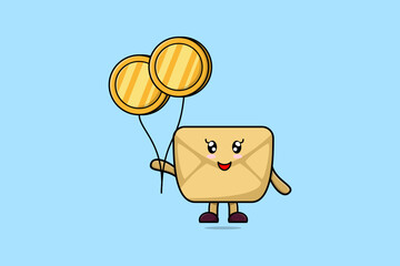 Cute cartoon Envelope businessman floating with gold coin balloon cartoon vector illustration 