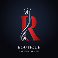 Red Capital lette R with Silver Crown. Graceful Royal Style. Calligraphic Beautiful Logo. Vintage Elegant Emblem for Book Design, Brand Name, Business Card, Restaurant, Boutique. Vector Illustration