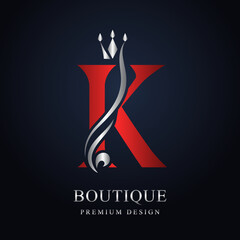 Red Capital letter K with Silver Crown. Graceful Royal Style. Calligraphic Beautiful Logo. Vintage Elegant Emblem for Book Design, Brand Name, Business Card, Restaurant, Boutique. Vector Illustration