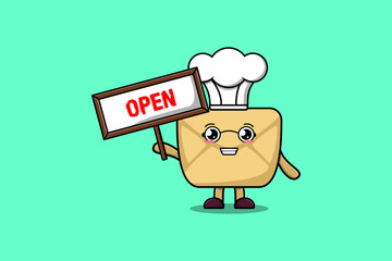 Cute cartoon Envelope character holding open sign board designs in concept flat cartoon style