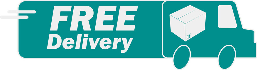 Isolated vector illustration of light gree blue shite grey outline free delivery shipping online shopping, with fast moving van truck and package cardbord striker design