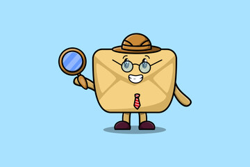 Cute cartoon character Envelope detective is searching with magnifying glass   