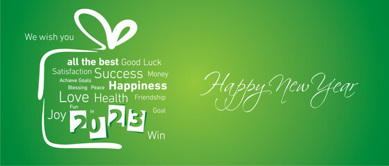 Happy New Year 2023 negative space numbers abstract christmas gift box word cloud white lucky green background vector greeting card