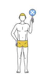 不正解を示すバツの棒を持つ下着姿の男性、脱毛やメンズエステのイメージ