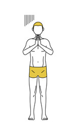 体の前で手を合わせて謝る下着姿の男性、脱毛やメンズエステのイメージ