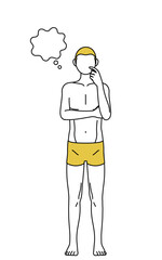 顔をかきながら考える下着姿の男性、脱毛やメンズエステのイメージ