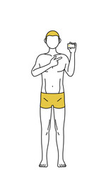 クレジット決済を勧める下着姿の男性、脱毛やメンズエステのイメージ