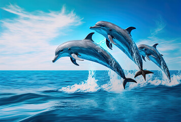 Beautiful bottlenose dolphins leaping from the ocean on a bright day in the sea with pure blue water. Generative AI