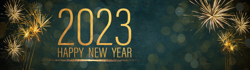 Happy New Year 2023 Party Silvester background banner panorama long- Golden yellow firework on...