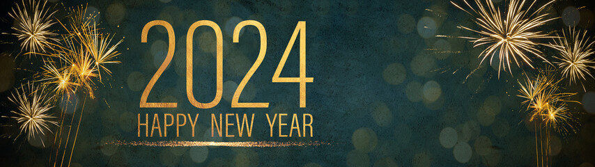 Happy New Year 2024 Party Silvester background banner panorama long- Golden yellow firework on...