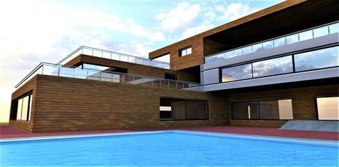 Fototapeta premium A deep pool with blue water in the courtyard of a chic country house finished with a facade board with aluminum elements. 3d rendering.