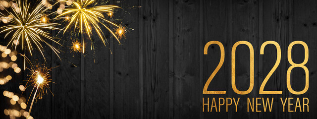 HAPPY NEW YEAR 2028 celebration holiday greeting card background banner  - Golden firework on black...