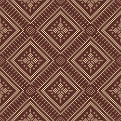 Brown cross stitch traditional ethnic pattern paisley flower Ikat background abstract Aztec African Indonesian Indian seamless pattern for fabric print cloth dress carpet curtains and sarong