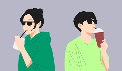 teenage boy and girl drinking juice, milk, coffee, etc. wear sunglasses. drink, snack, dehydration concept. vector flat illustration.