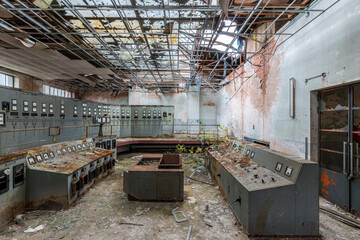 A abandoned control room of an old mine. End time mood.