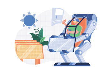 A male engineer wearing a virtual reality headset to check solar panel projects in the office