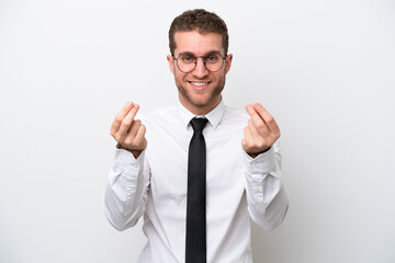 Young business caucasian man isolated on white background making money gesture
