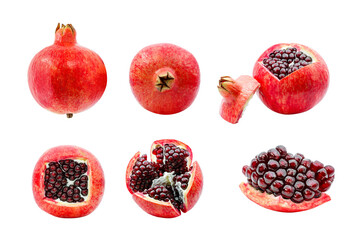 ripe red pomegranate cut open isolated on white background