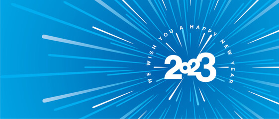 We wish you a Happy New Year 2023 high warp speed space white type typography with abstract tunnel or speedometer shape background greeting card