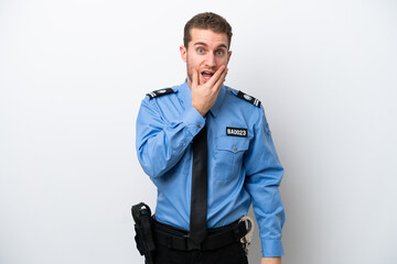 Young police caucasian man isolated on white background surprised and shocked while looking right