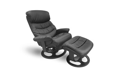 Adjustable black leather chair with footrest isolated on a transparent background