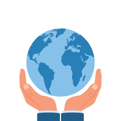 Human hands holding globe. Planet in hands man. Vector illustration flat design. Protection concept.