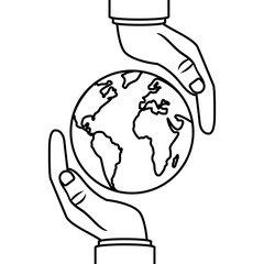 Human hands holding globe. Outline icon. Planet in hands man. Vector illustration black line design. Protection concept.