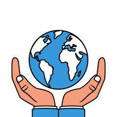 Human hands holding globe. Outline icon. Planet in hands man. Vector illustration black line design. Protection concept.