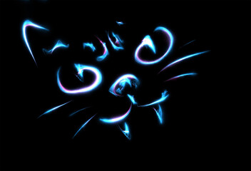 Neon effect, glowing blue cat isolated on black background. Bright luminescent fluorescent paint. Sketch.