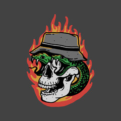Skull and snike with fire background vector illustration design