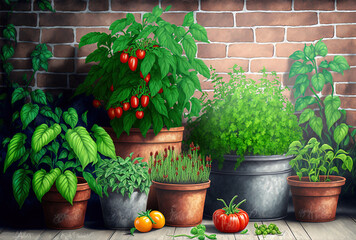 vegetable farming in containers. Garden of vegetables on a patio. Tomatoes and herbs growing in a container. Generative AI