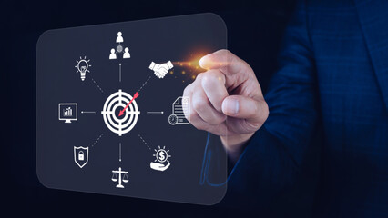 Hand pointing the icon virtual screen of Digital target marketing advertising and sales increase business technology concept, online marketing, E-business, Ecommerce, Business online.