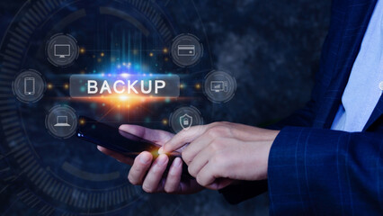 Internet data storage backup on smart phone, technology business concept, Cloud technology, Data storage, Networking and internet service concept.