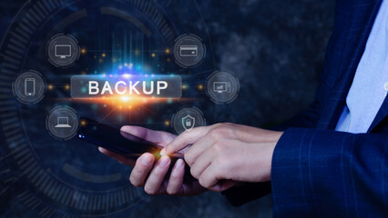 Internet data storage backup on smart phone, technology business concept, Cloud technology, Data storage, Networking and internet service concept.