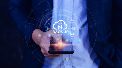 Internet data storage backup on smart phone, technology business concept, Cloud technology, Data storage, Networking and internet service concept.