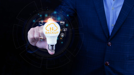 Internet data storage backup, Hands holding light bulb for concept new idea technology business...