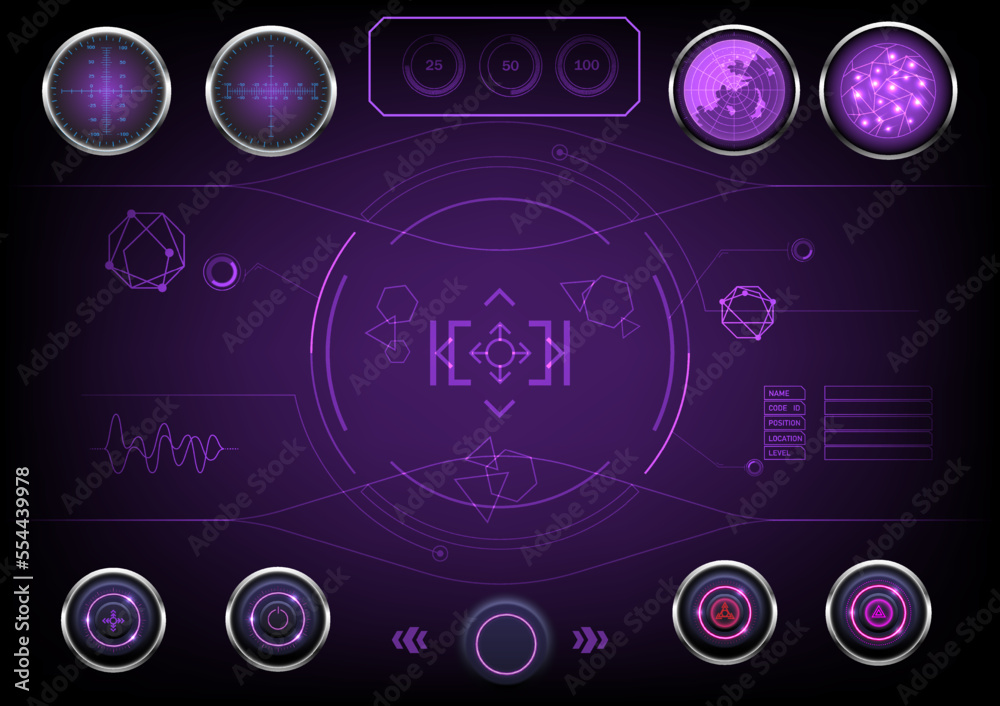 Poster abstract screen high tech purple there is a circular height gauge. radar and push button control and