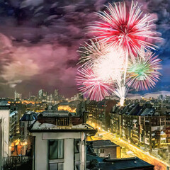 fireworks over the city created with Generative AI	 - 554439917