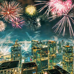 fireworks over the city skyscrapers created with Generative AI	 - 554439918
